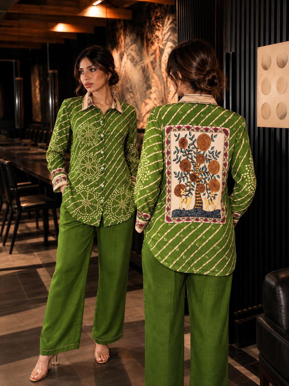 Pure crepe bandhani co ord in green