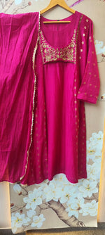 Premium mulchander with zari detailing full suit in Rani pink