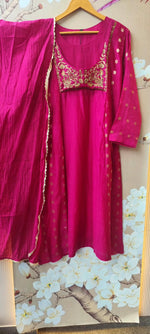 Premium mulchander with zari detailing full suit in Rani pink