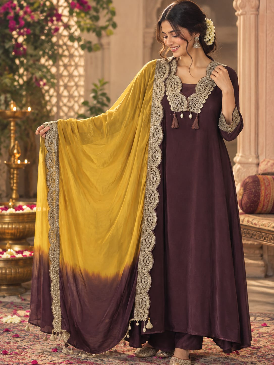 Super pretty premium crepe lining suit set paired with ombre dupatta