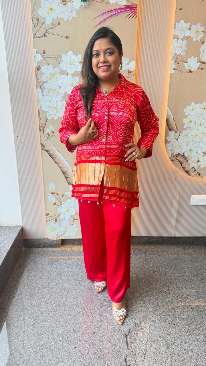 Premium gaji silk lakri patta bandhani co ord