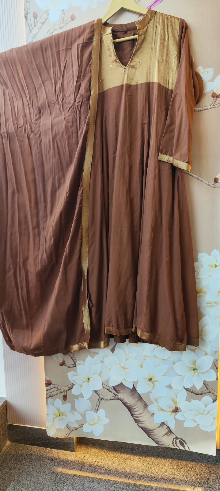 Premium Mul Chanderi suit set in brown