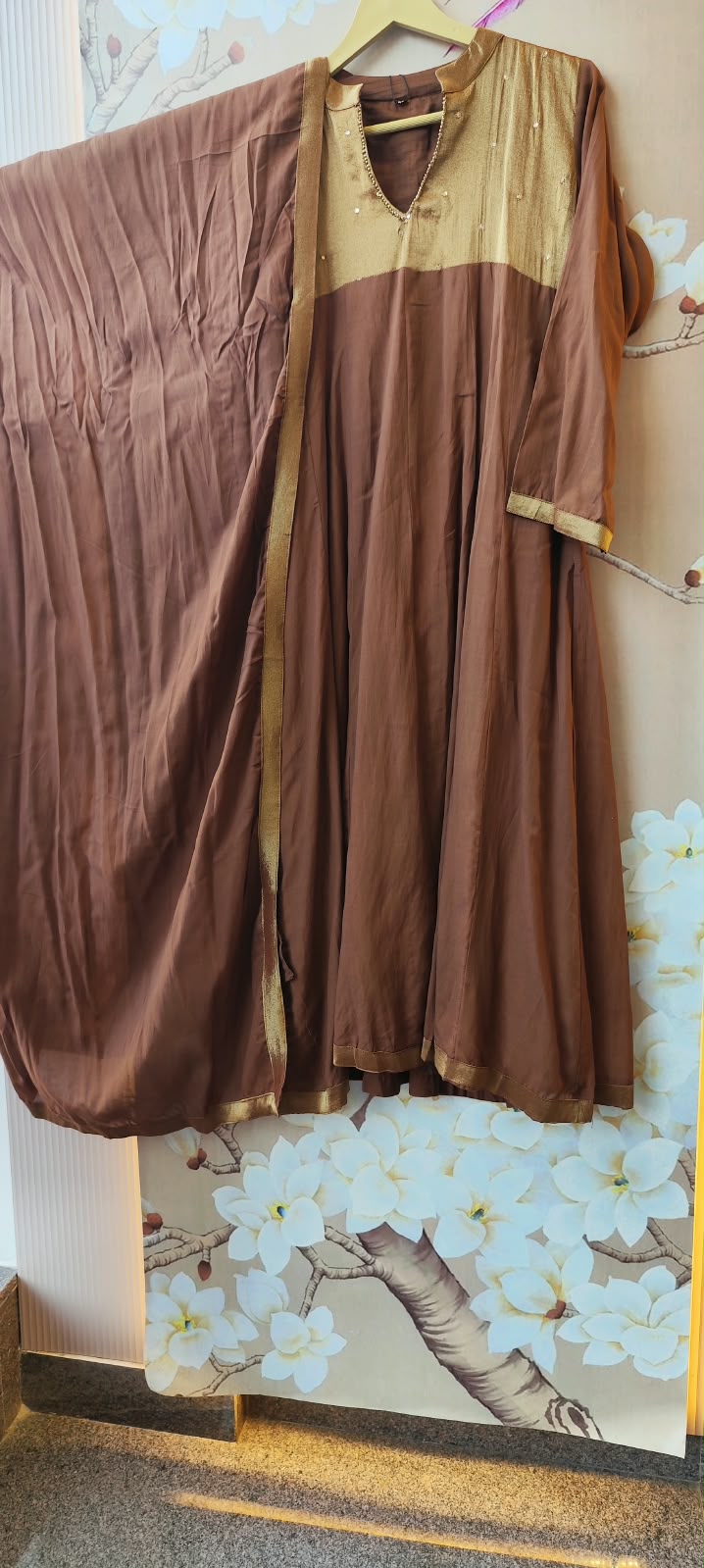 Premium Mul Chanderi suit set in brown