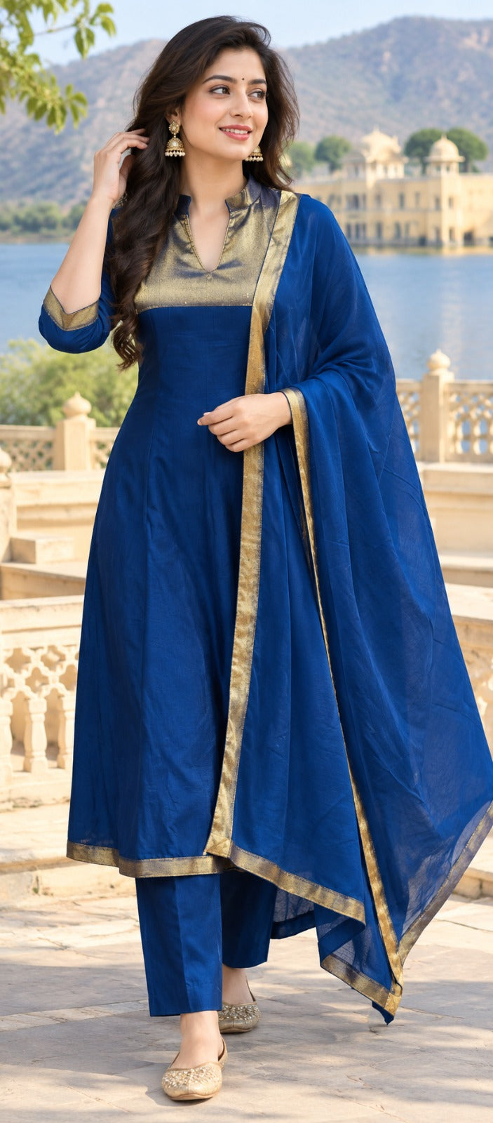 Pure Banarasi Mul chanderi in blue