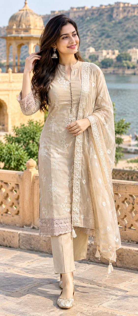 Pretty Mul chanderi with lace detailing full suit in beige