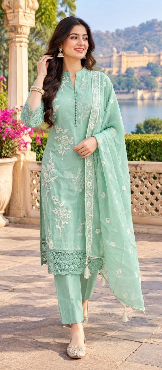 Pretty Mul chanderi with lace detailing full suit in mint green