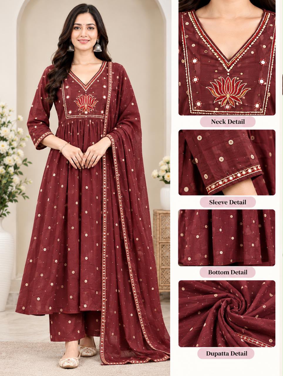 Mul cotton real mirror suit set in brown