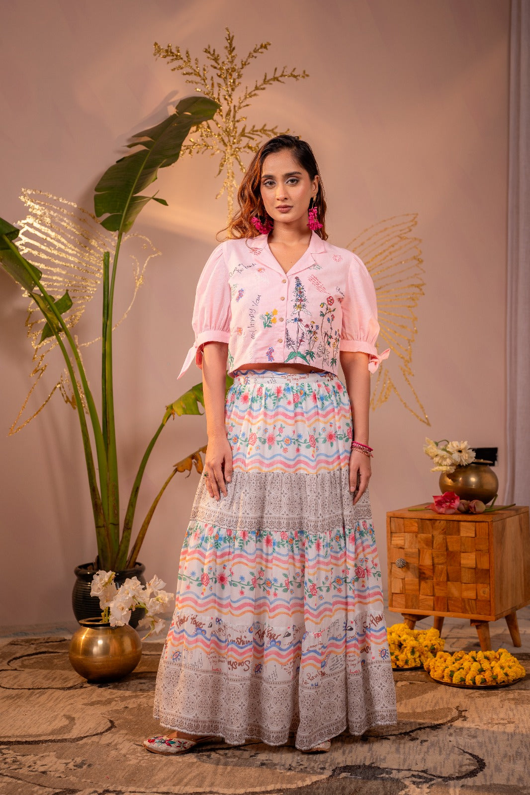 Pure cotton embroidered top paired with soft mild cotton skirt