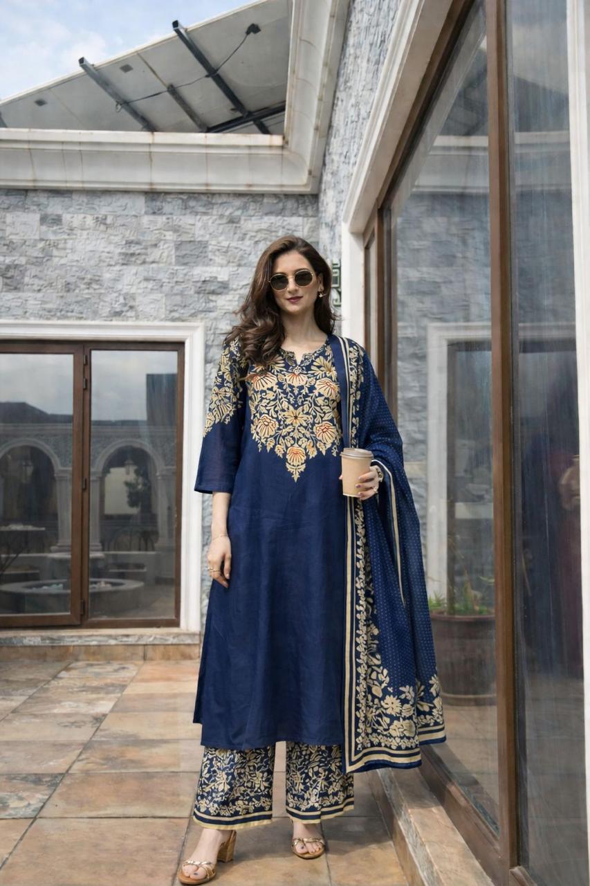 Pretty cotton digital printed full suit set in blue in both kurta n pant