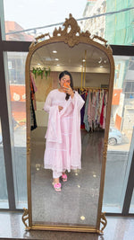 Restocked !! Feel like doll in our pretty Mul cotton lining Anarkali suit set with lace n sequins detailing in baby pink !! Dispatch Next Week