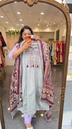 Pretty cotton katha stitch suit set paired with kalamkari dupatta