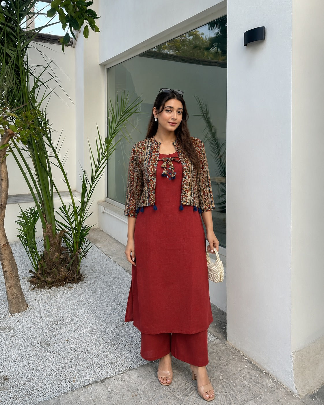 Kalamkari shrug with plazzo pant with mirror work on kurta in red