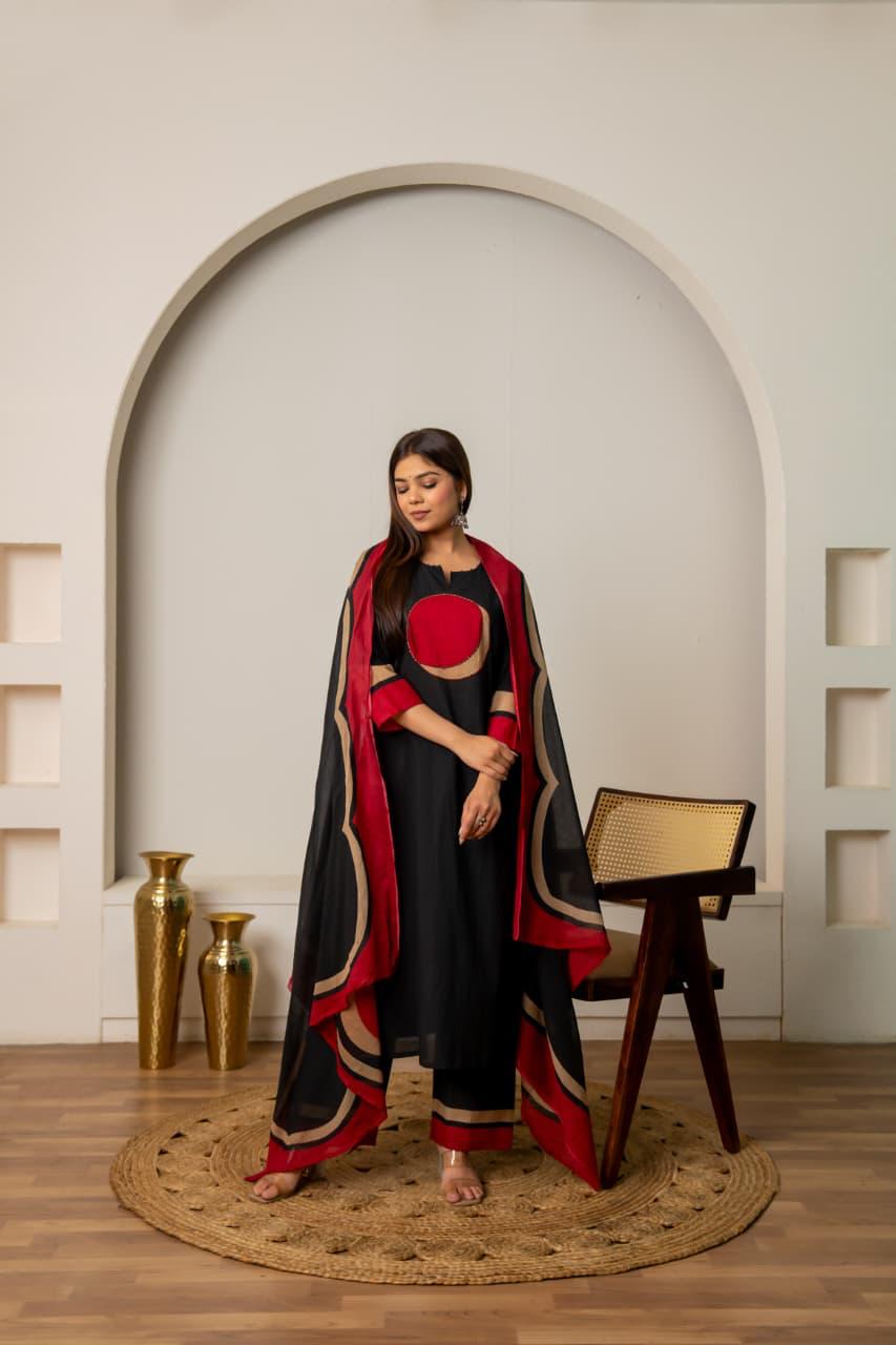 Super smart cotton full suit set in black and red