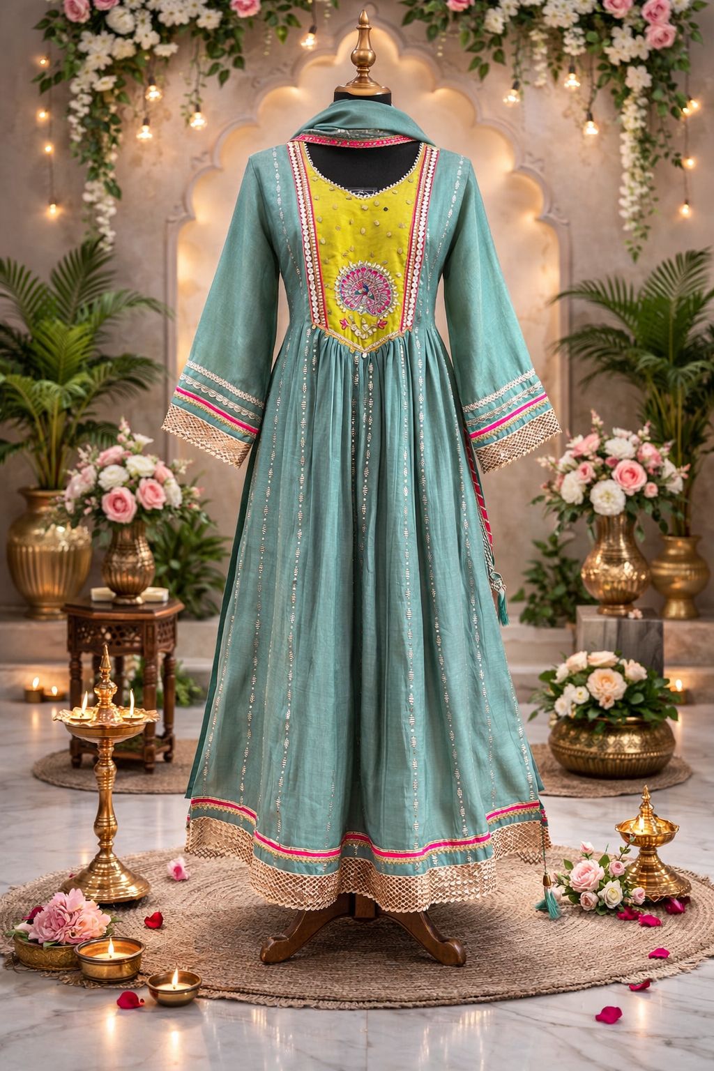 Premium Mul chanderi gotta detailing suit set in green n yellow