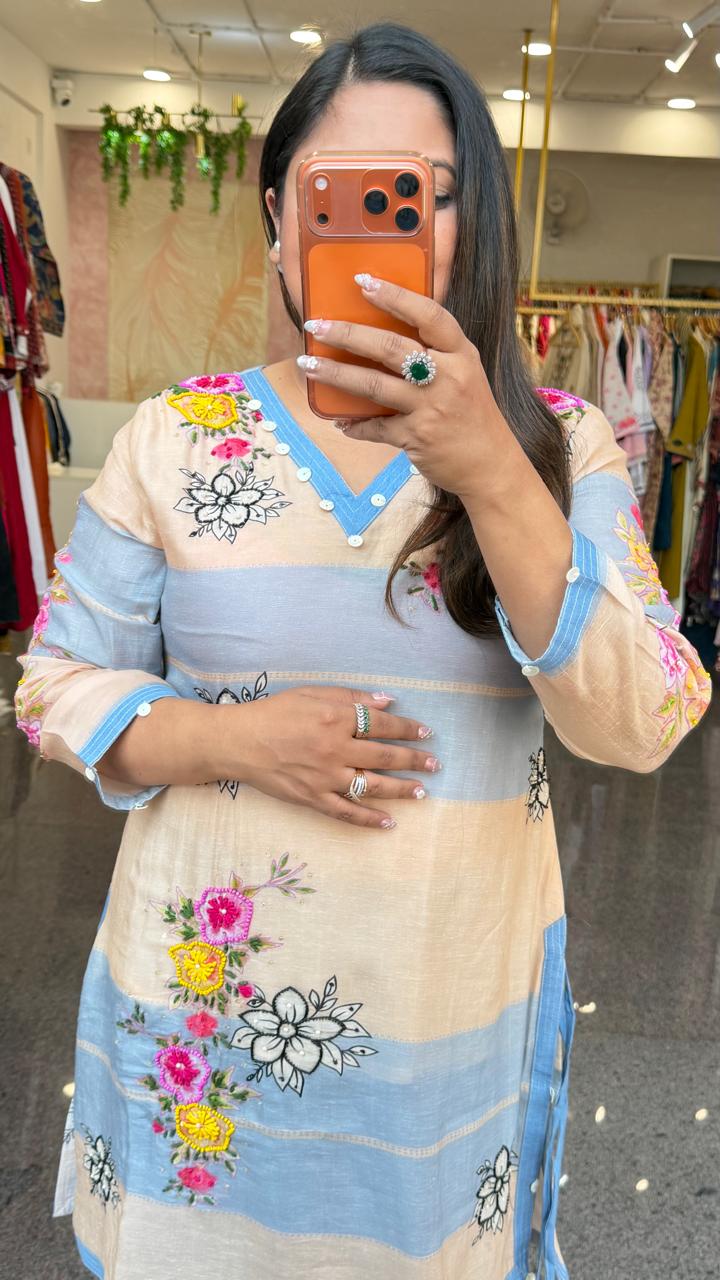 Linen top with beautiful pearl detailing and katha detailing paired softest denim pants