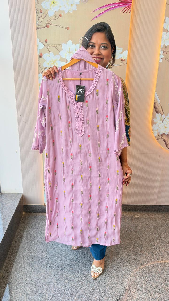 Wow Mul chanderi full suit set in purple
