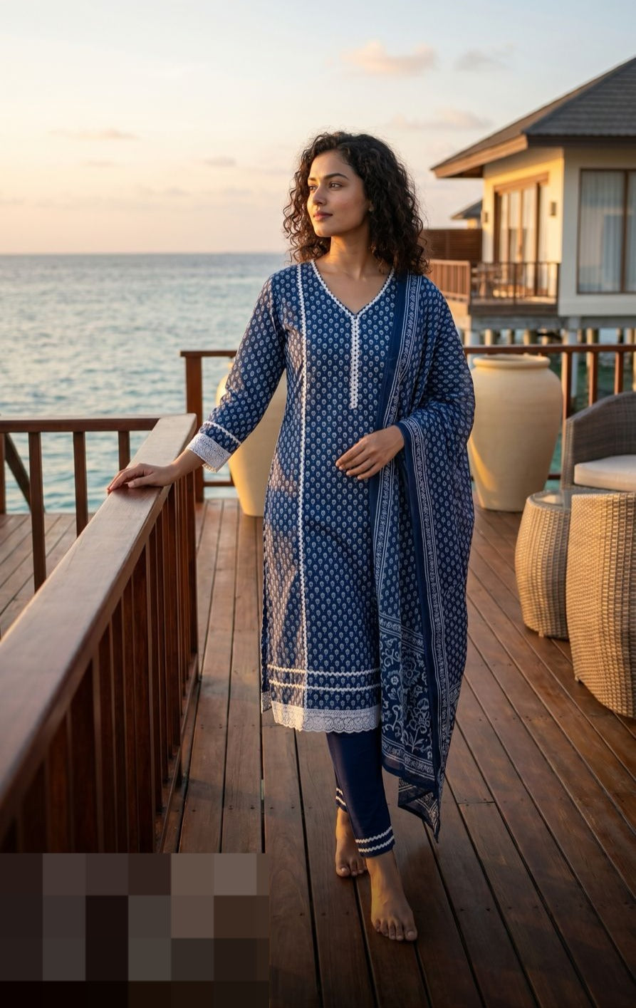 Pretty Indigo blue full suit set with lace detailing