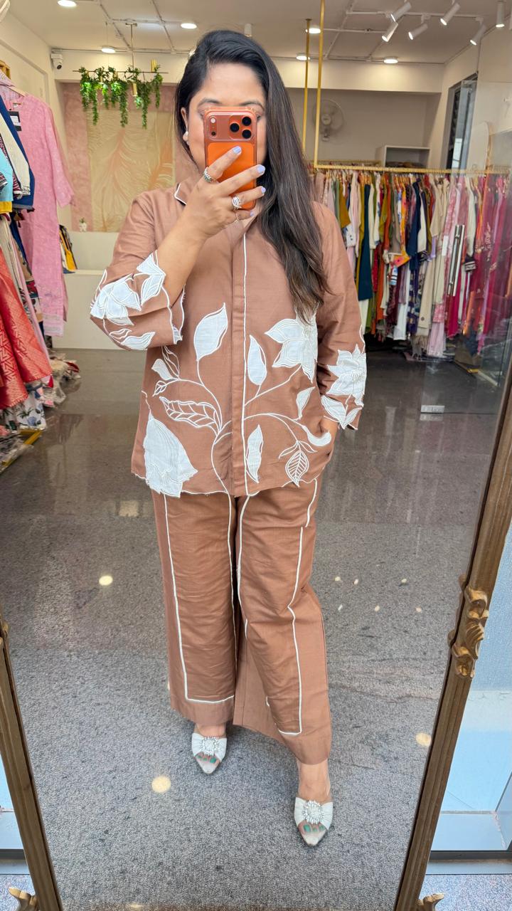 Applique work cotton co ord in brown