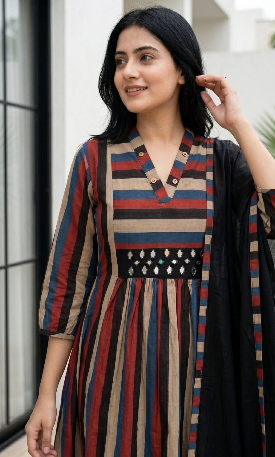 Super elegant stripes with real mirror designer cotton suit set