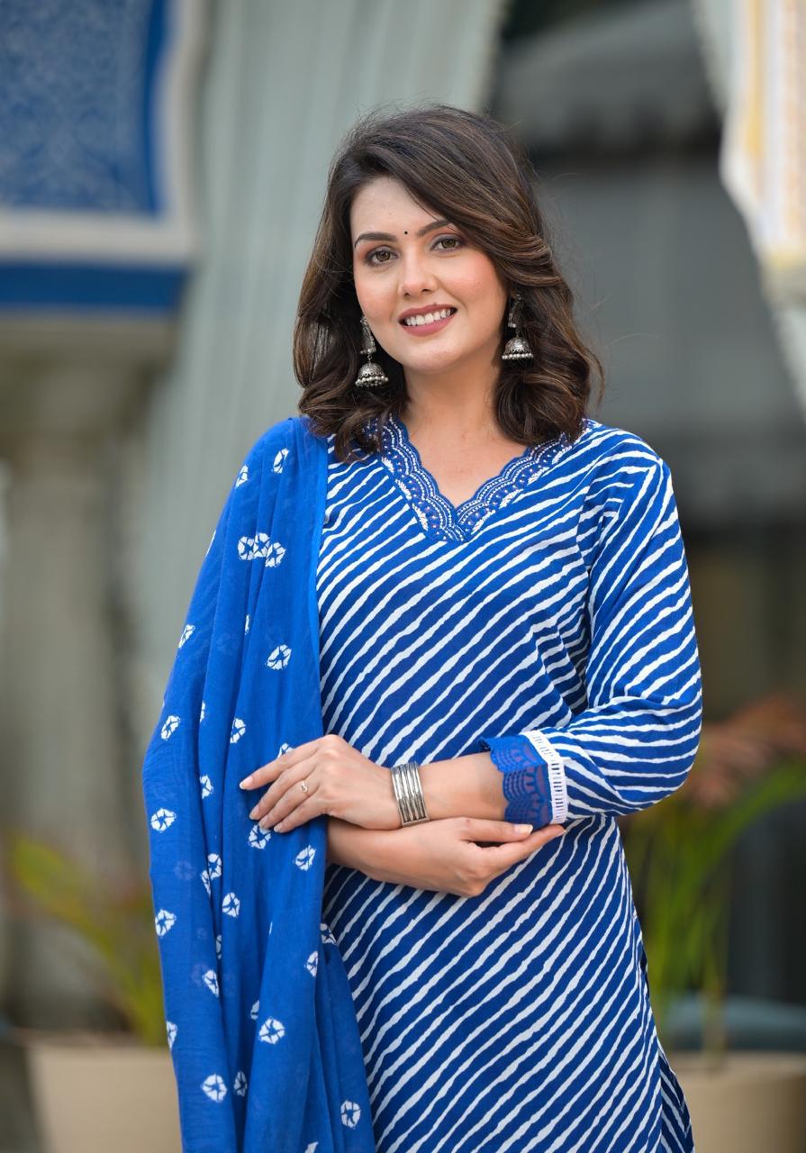 Pure cotton lehariya suit in V neck