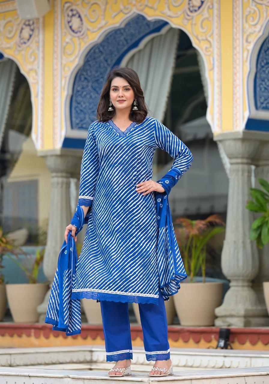 Pure cotton lehariya suit in V neck
