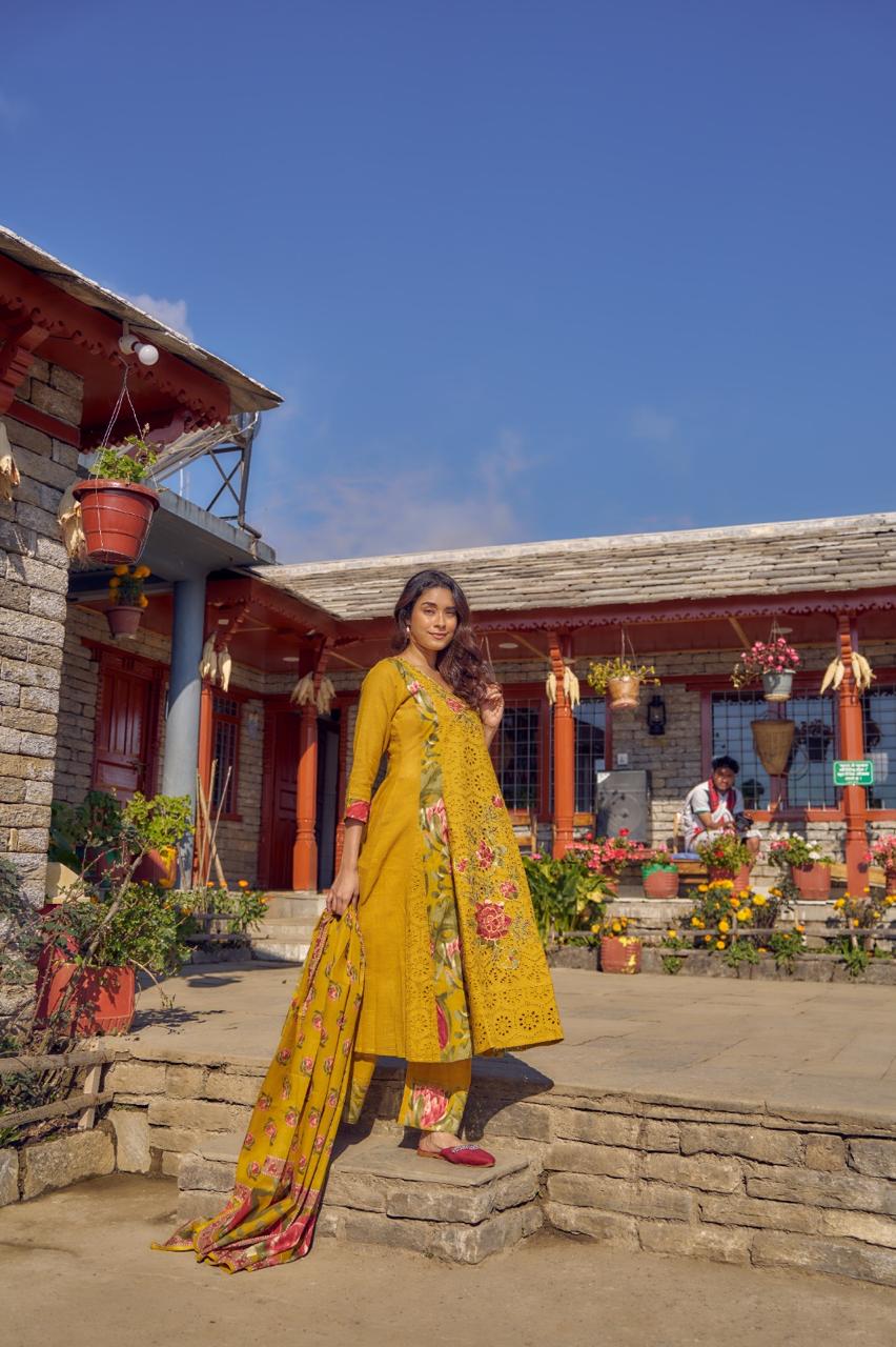 Premium cotton shifli brush painted yellow full suit in yellow dress