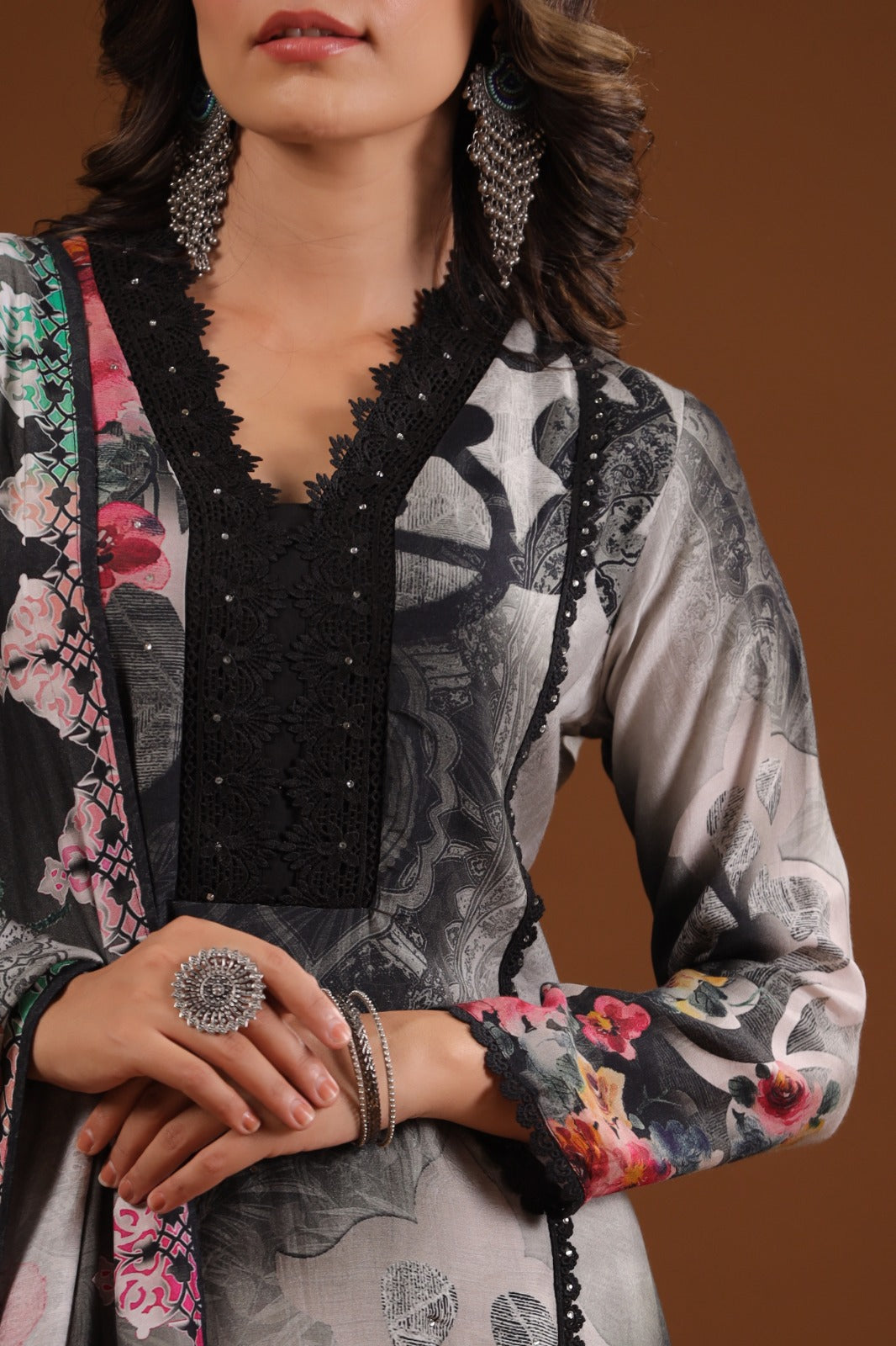 Pure muslin silk with beautiful lace detailing and Swarovski embedded