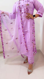 Pure mul cotton embroidery suit set with organza dupatta