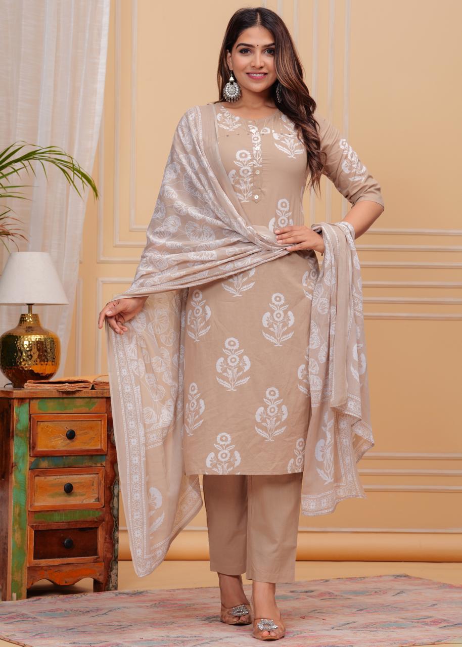 Pure cotton suit set paired with mul cotton dupatta
