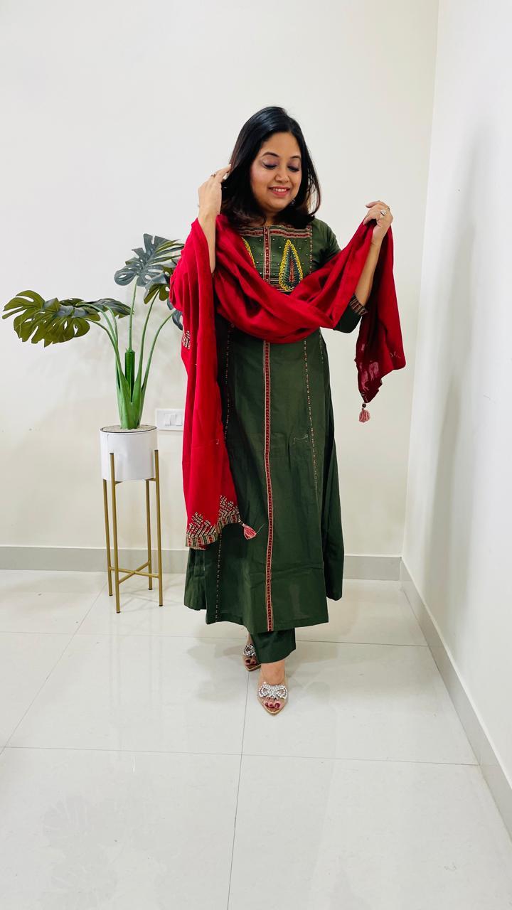 Restocked Gorgeous cotton suit set in green paired with red applique dupatta!