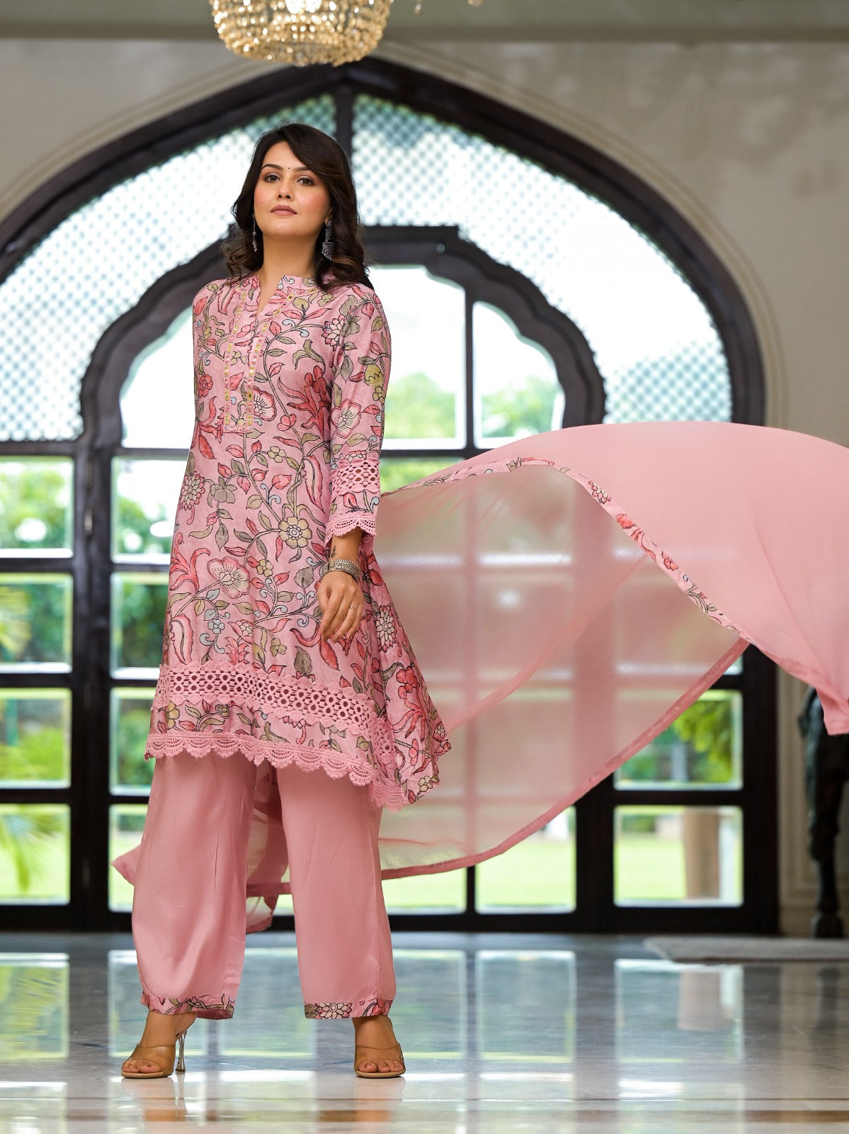 Pure muslin silk lace detailing suit set