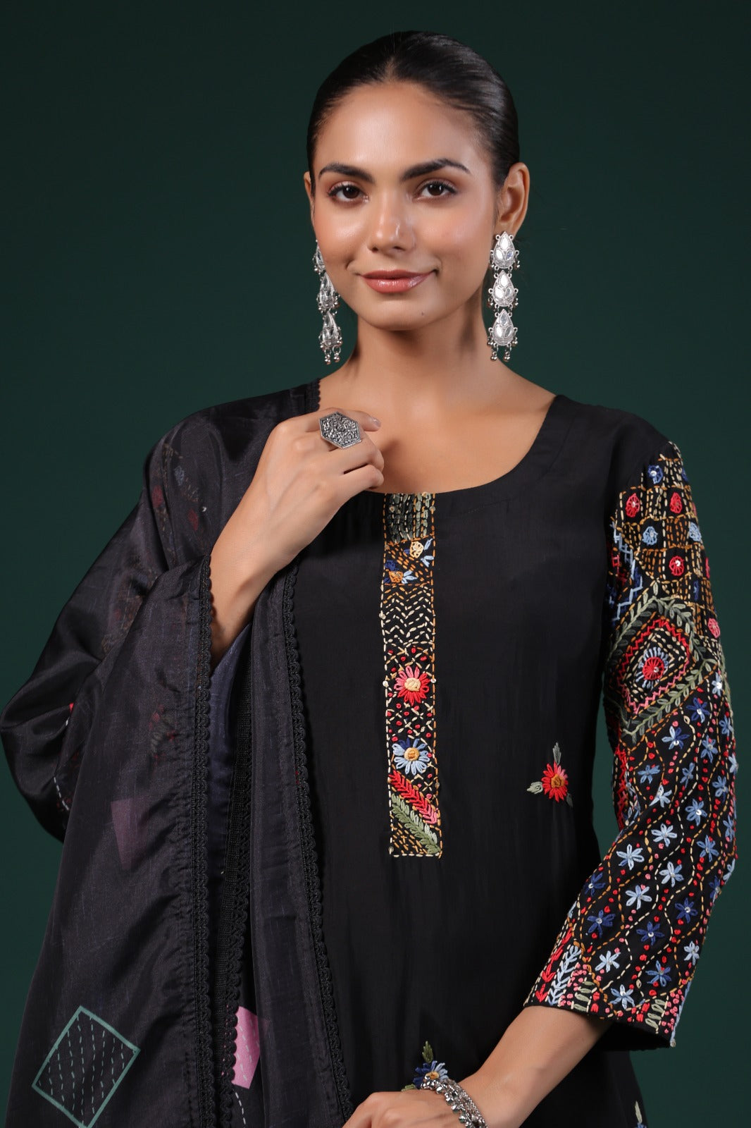 Super pretty muslin embroidered suit set paired with organza dupatta