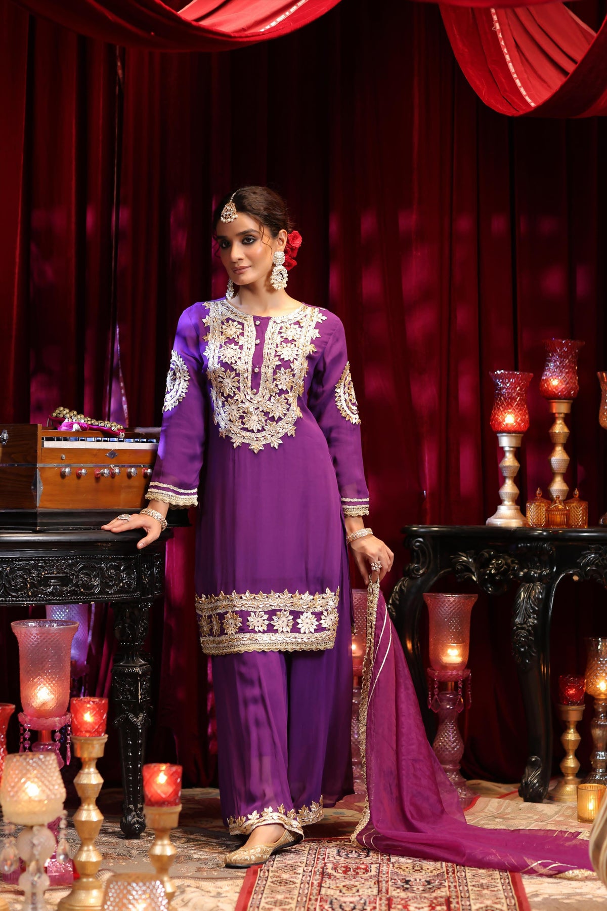 Premium chinon silk gotta detailing suit set