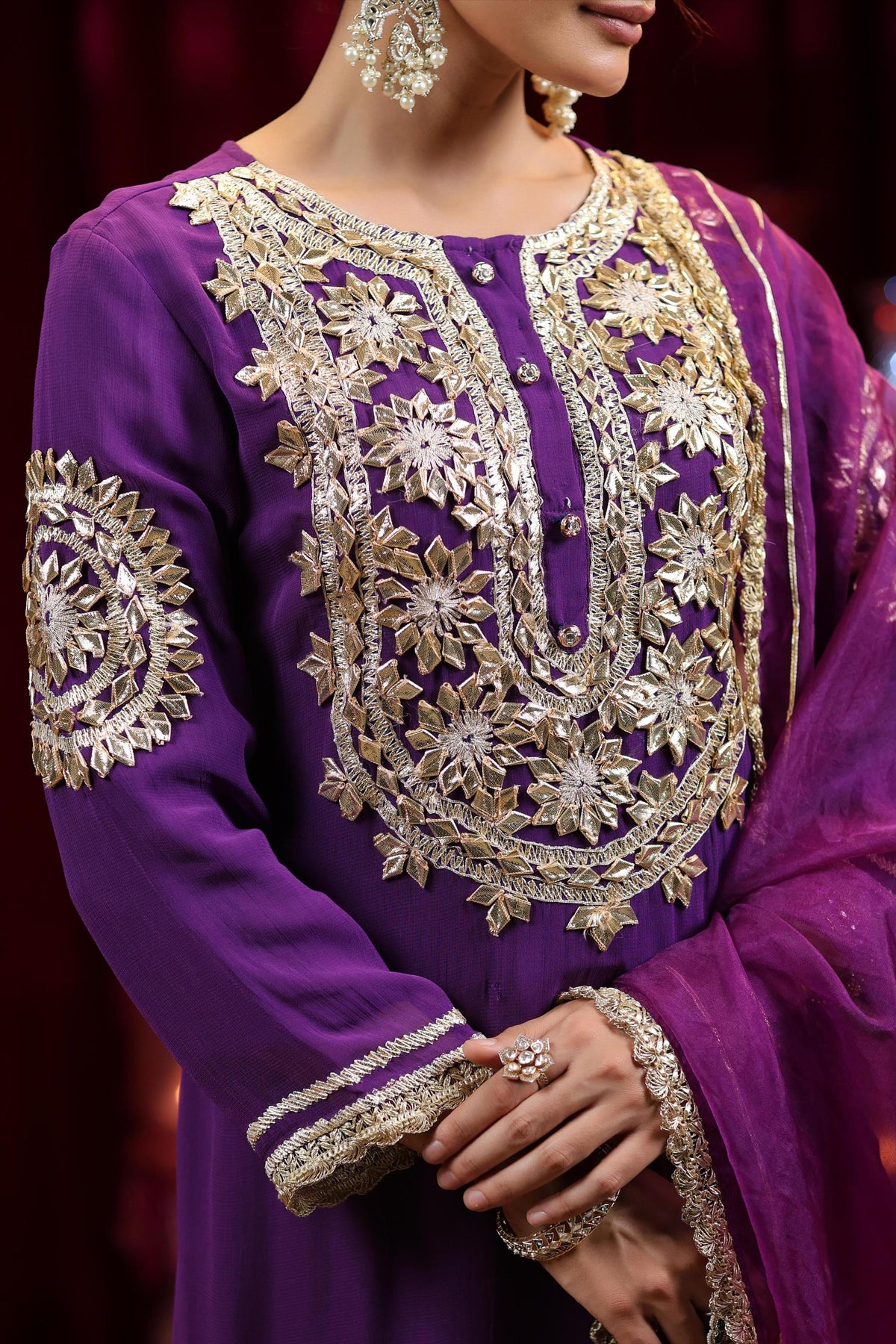 Premium chinon silk gotta detailing suit set
