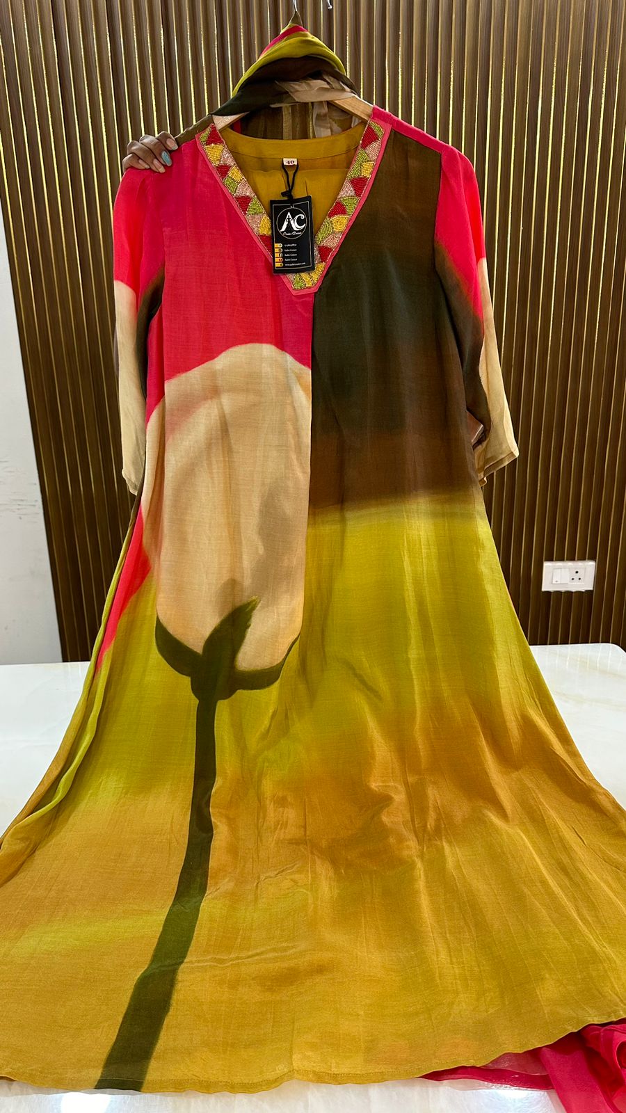 Gorgeous muslin silk V neck multi coloured suit set