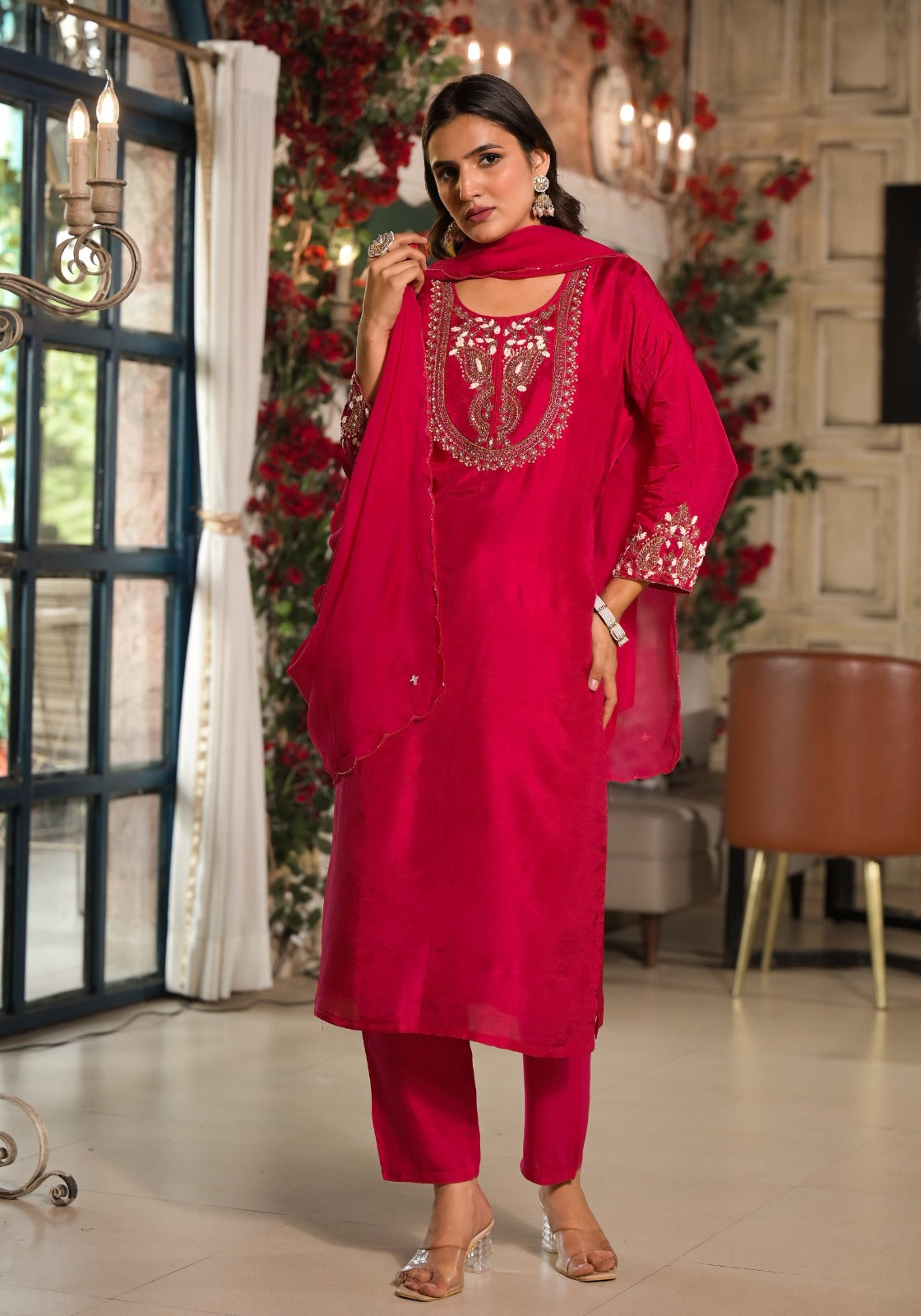 Dola silk embellished suit set in pink