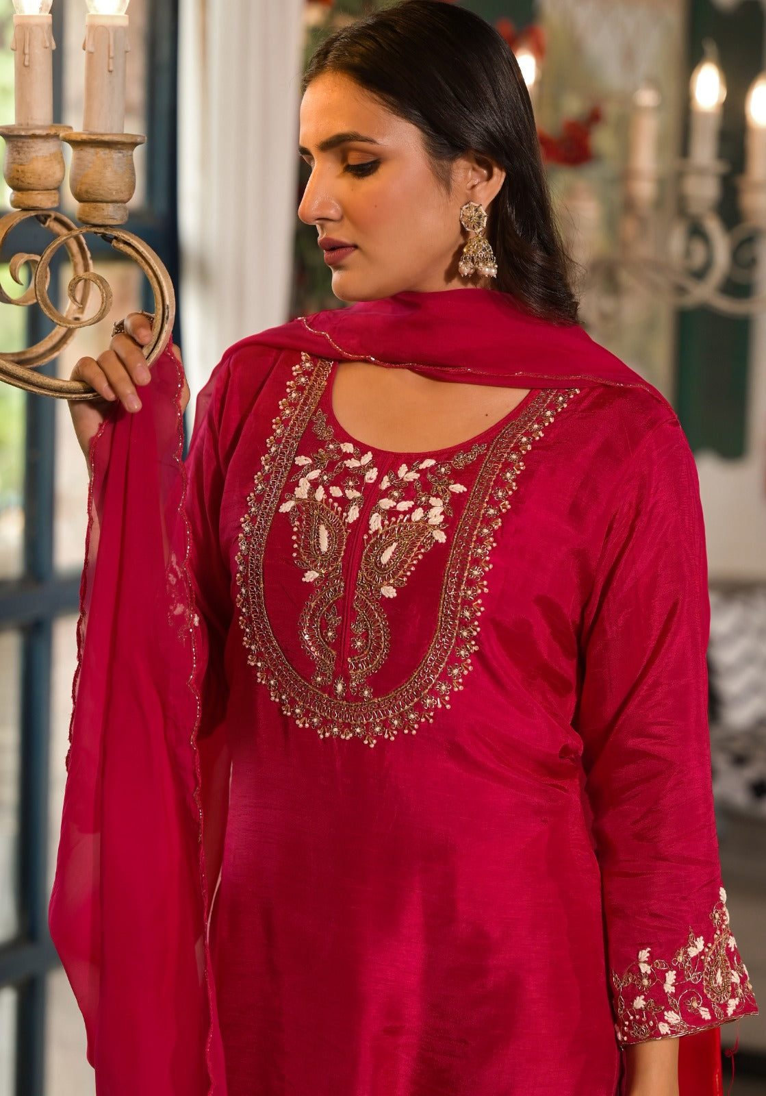 Dola silk embellished suit set in pink