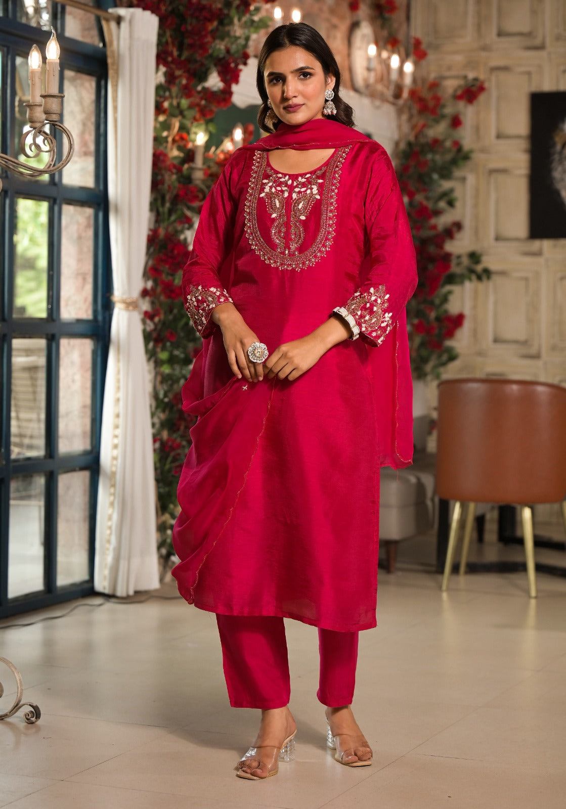 Dola silk embellished suit set in pink