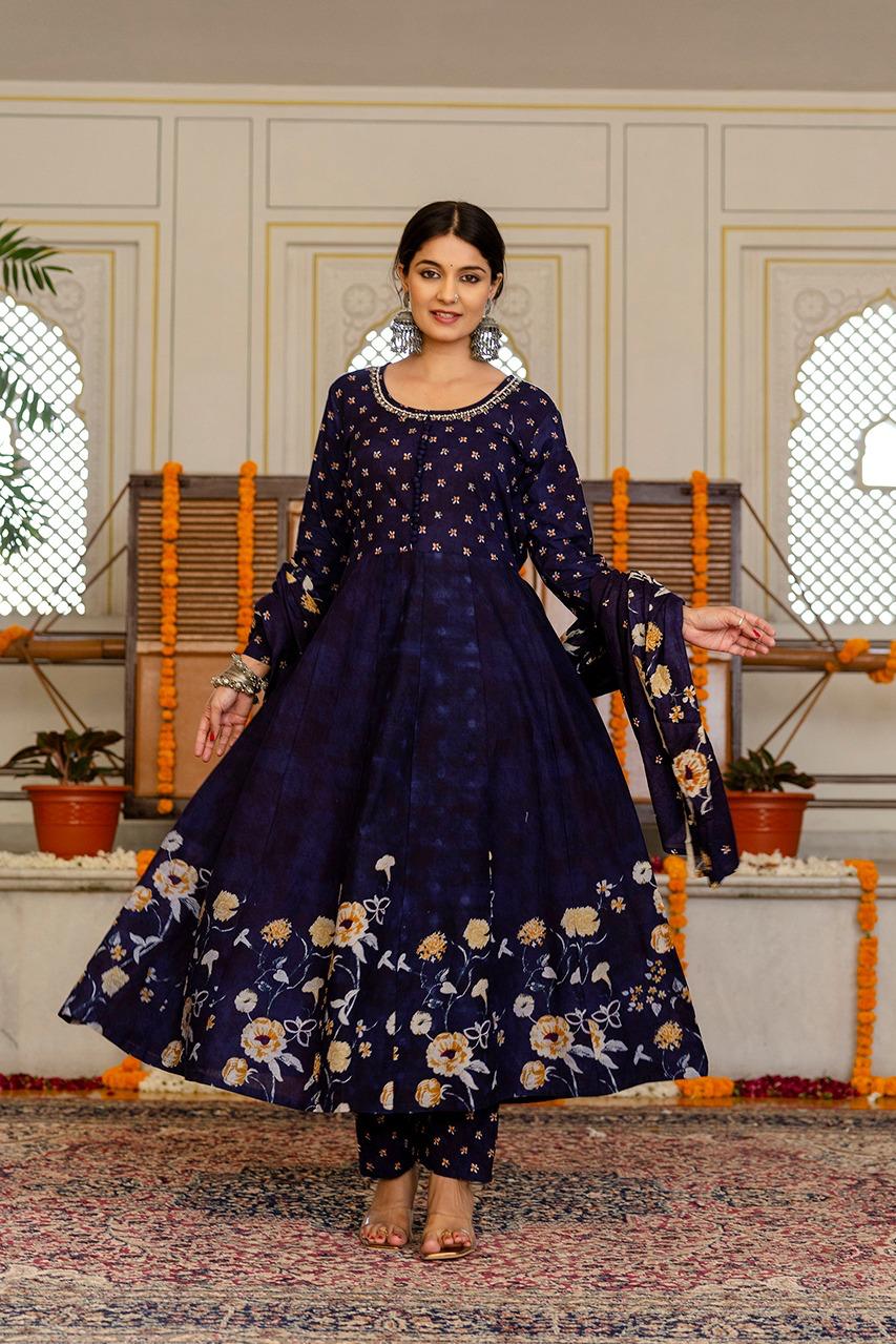 Premium digital printed cotton Anarkali suit in blue