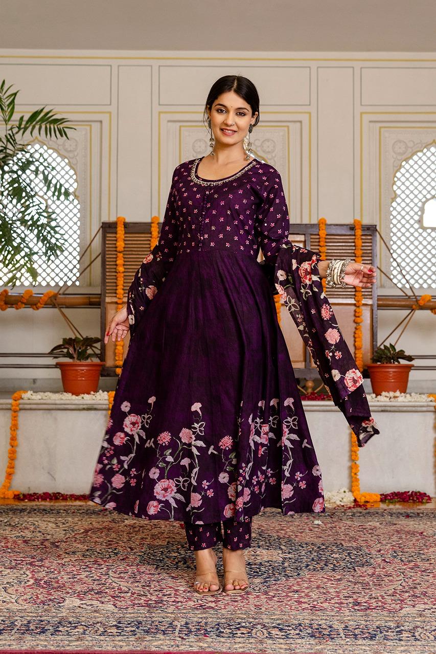Premium digital printed cotton Anarkali suit in wine