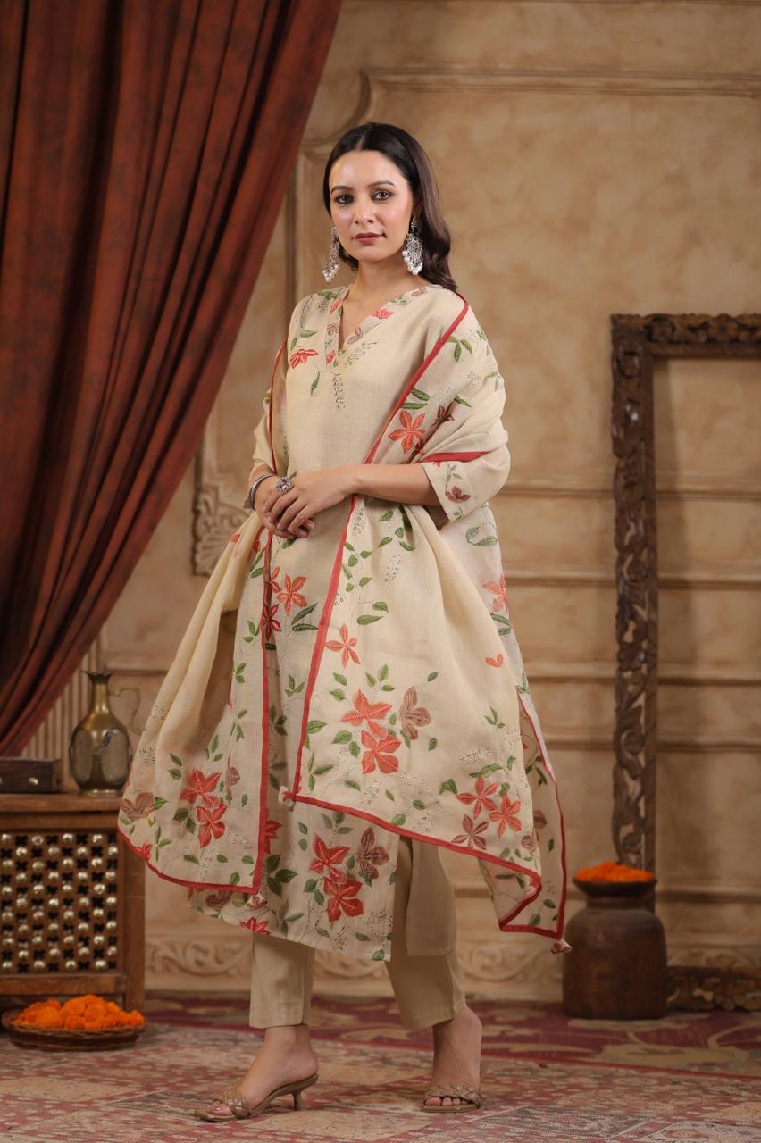Premium linen chanderi katha work suit set
