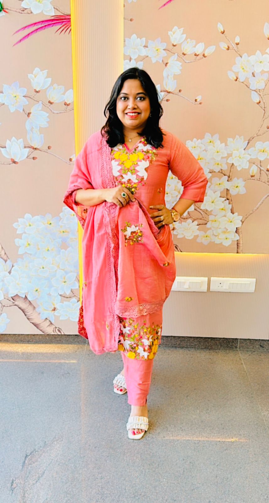 Embroidered Mul chanderi suit set