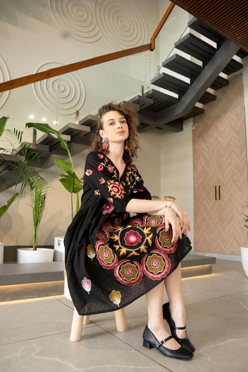 Embroidered weaved cotton lining dress– Aashvi Couture