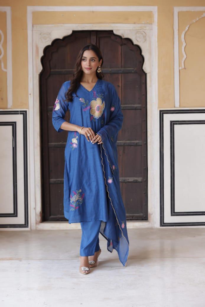 Mul chanderi embroidered lining suit set with embroidered chanderi dupatta in blue