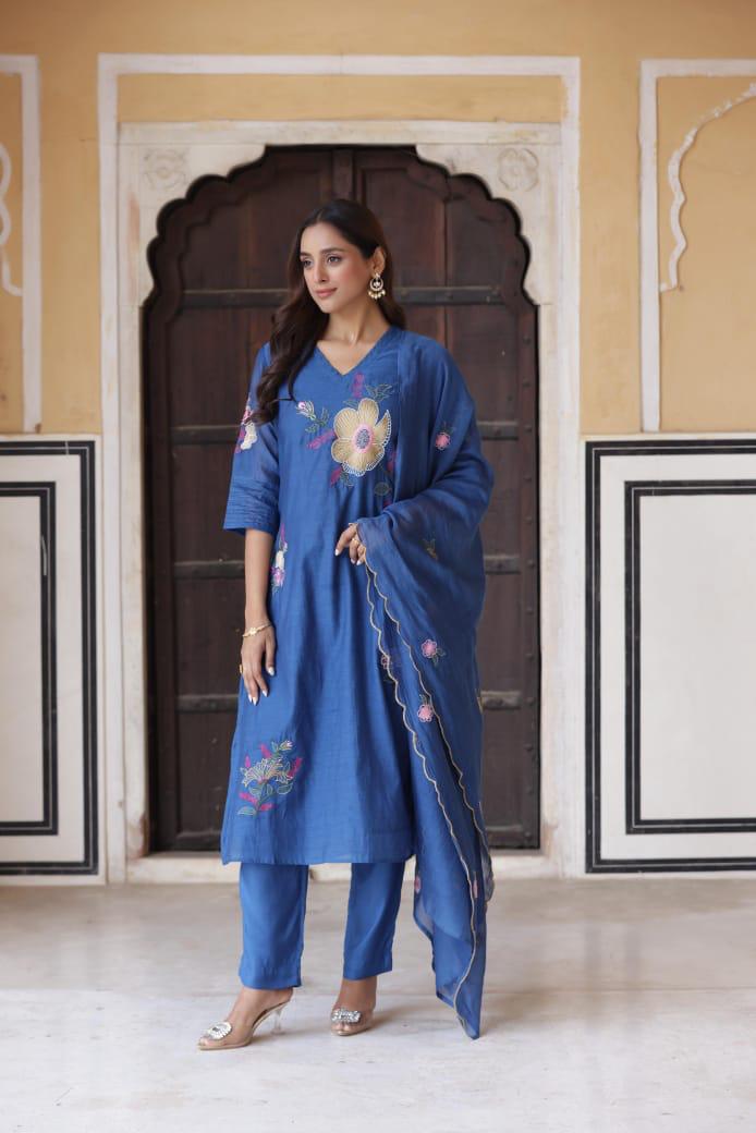 Mul chanderi embroidered lining suit set with embroidered chanderi dupatta in blue