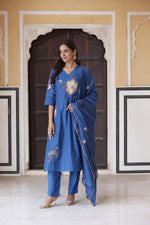 Mul chanderi embroidered lining suit set with embroidered chanderi dupatta in blue