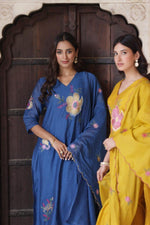 Mul chanderi embroidered lining suit set with embroidered chanderi dupatta in blue