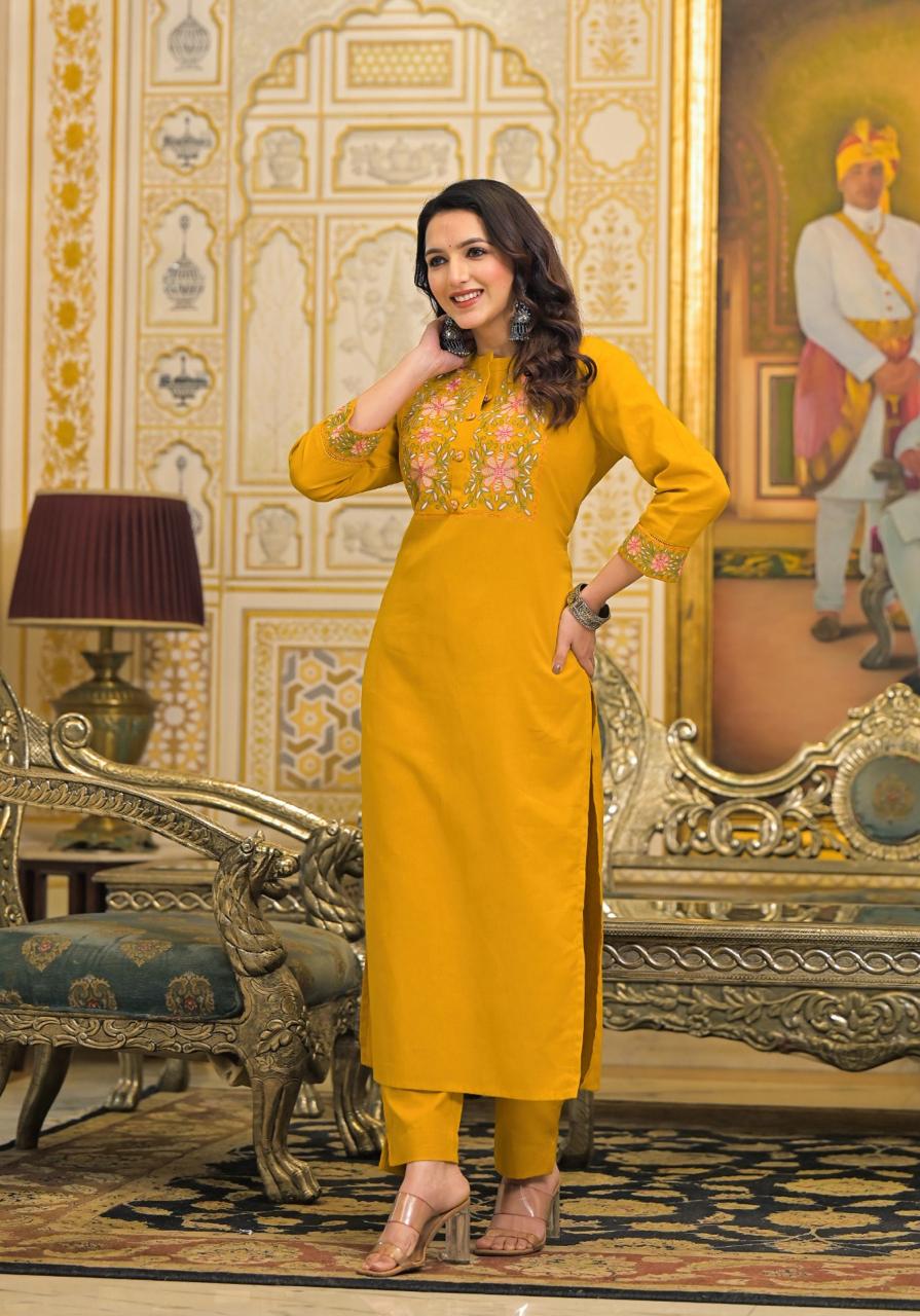 Embroidered kurta pant in cotton