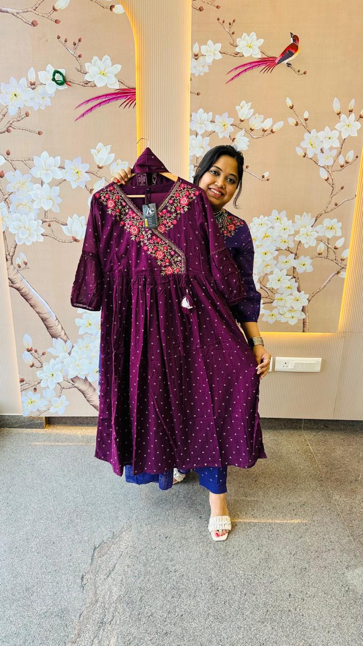 Pure cotton angrakha embroidery Mul cotton lining full suit