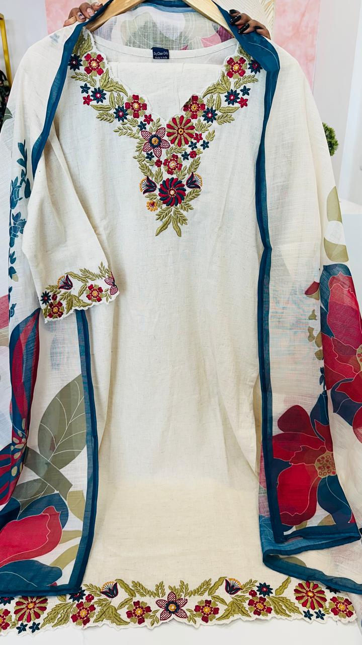 Premium cotton embroidered suit set paired with pretty dupatta